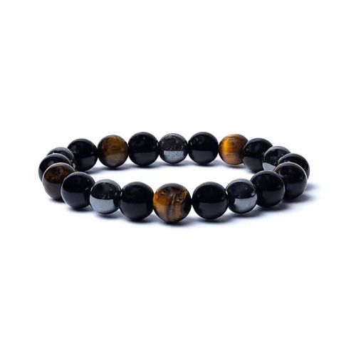 Schwarzer Obsidian Tigerauge Hämatit Armband  Elastisches Armband aus Tigerauge, schwarzem Obsidian und Hämatit   