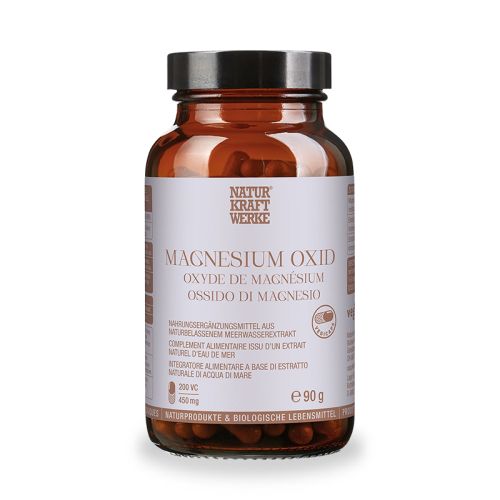 Oxyde de magnésium Oxyde de magnésium pur issu de l'eau de mer – végétalien, sans additifs 200 gélules végétales – 90 g NATURKRAFTWERKE 