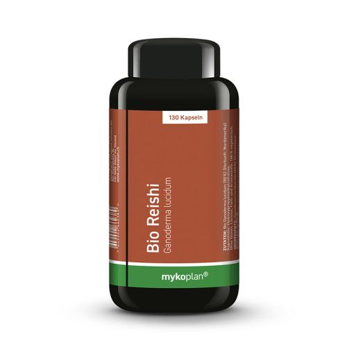 Reishi, Bio Vitalpilz in UV-geschütztem Glas 65 g / 130 Kapseln à 500 mg / 32 Portionen Mykoplan 