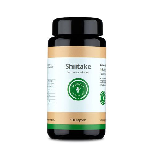 Shiitake, Bio Vitalpilz in UV-geschütztem Glas 65 g / 130 Kapseln à 500 mg / 32 Portionen Mykoplan 